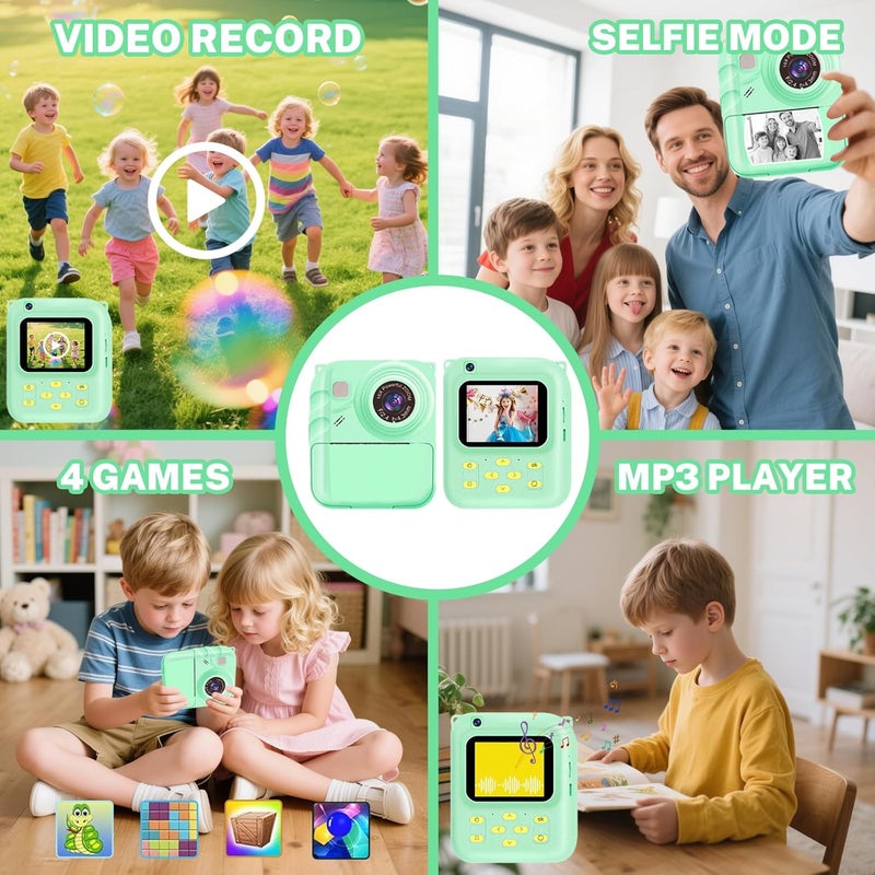 QDH Instant Print Camera for Kids, 1080P Video Camera with 3 Print Rolls, 32GB Card & Cute Cover, Gift for Girls Boys Age 3-12, Toddler Digital Camera with Games, Filters, Music – Green - Image 3